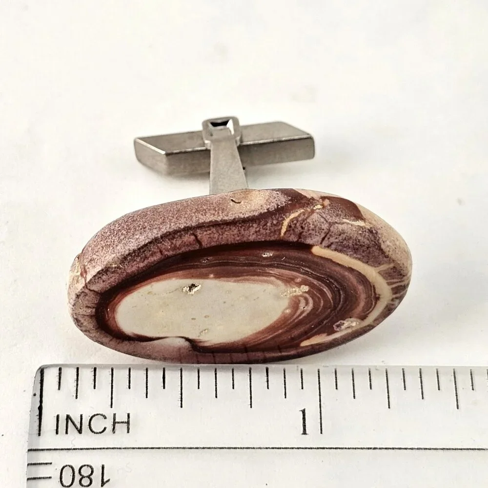 Vintage Petrified Wood Slice Polish Red White Stone Specimen Cufflinks 1.25